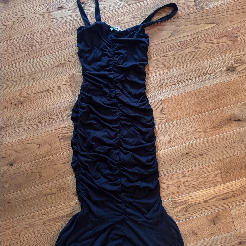 Reformation Black Ruched Midi Dress